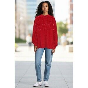 Chic Me Red Flannel Long Sleeve Top Faux Pearl Beads Mock Neck Womens Size XL